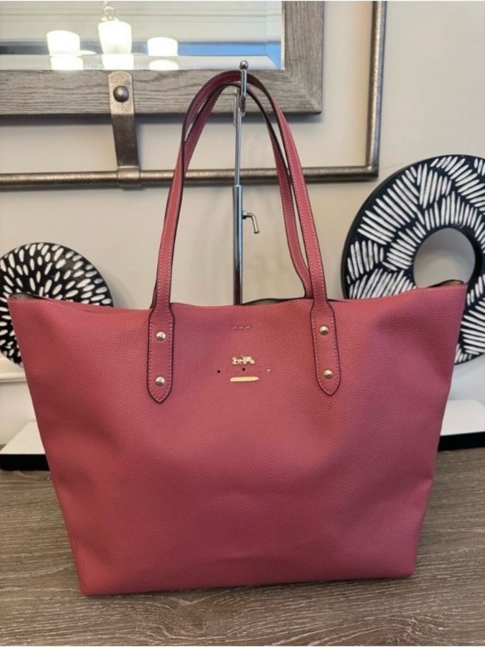 Coach Town Tote F76637 Rouge Pink Pebble Leather Signature Interior Project Bag